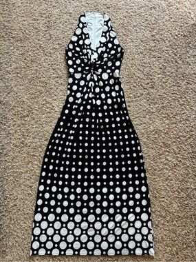 Kelly & Diane Polka Dot Twist-Front Maxi Dress Womens Small Black White Chic